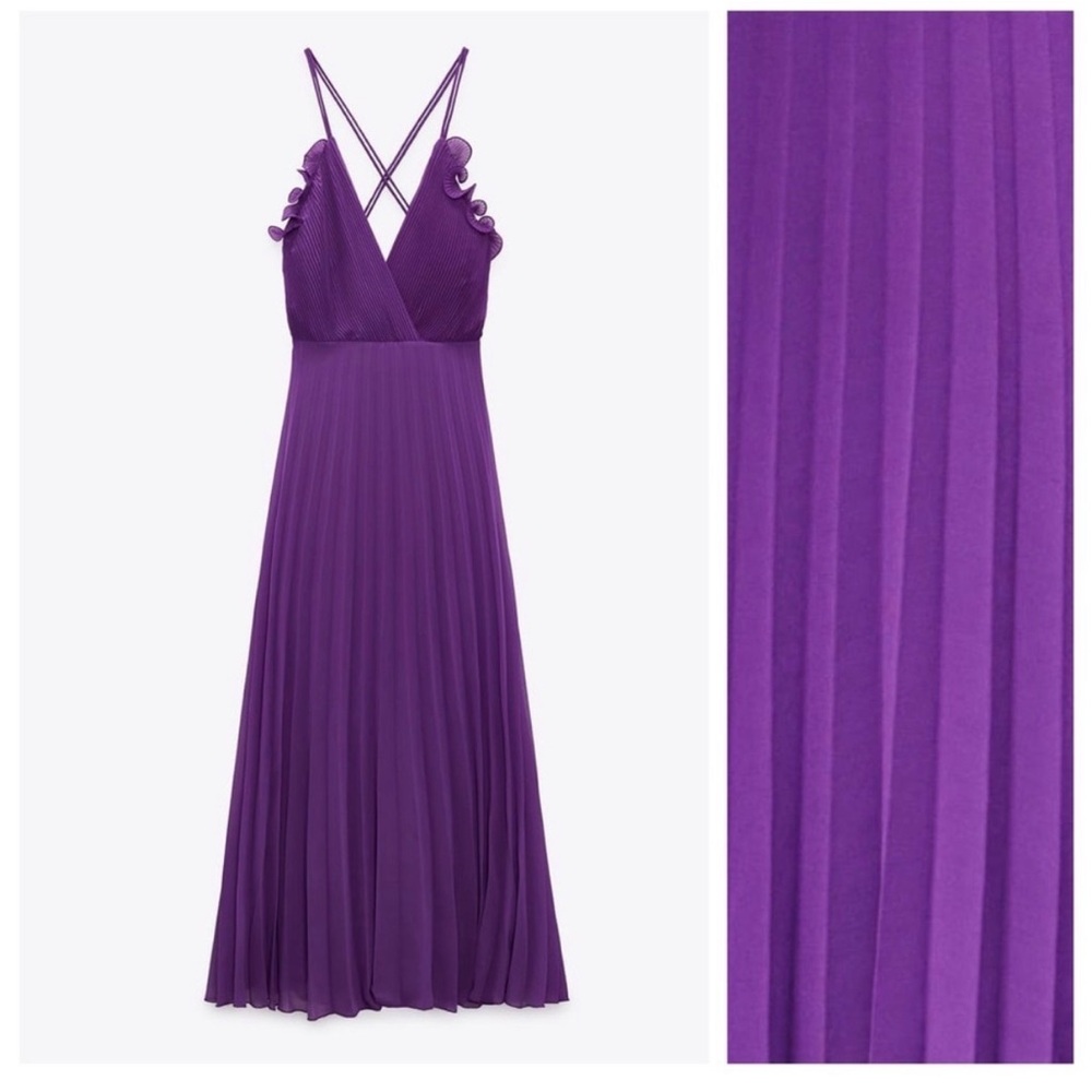 Zara Violet Pleated Maxi Dress with Cross-Back Straps